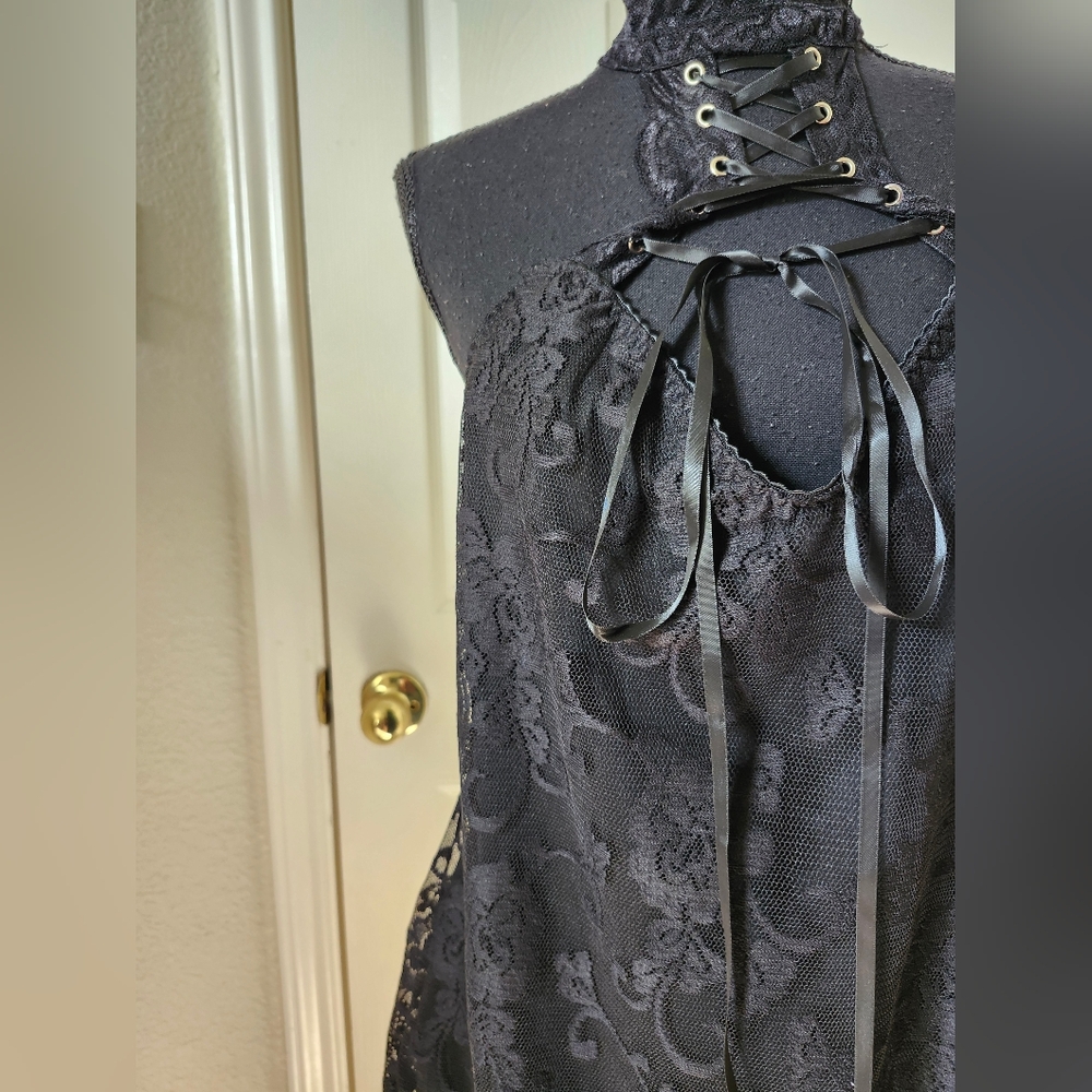 Widow Black Lace Up Choker Floral Lace Slip Mini Dress Open Back - Goth XXL - Picture 3 of 12